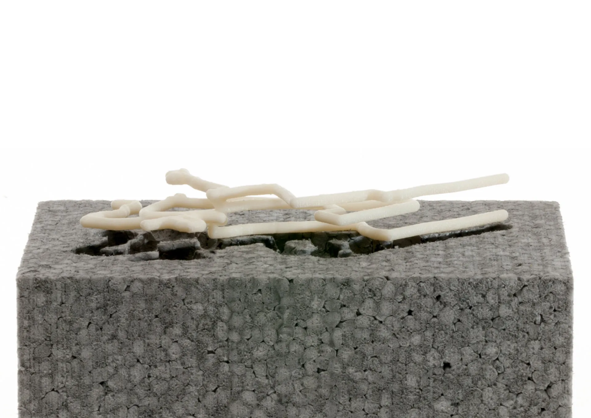 A grey block of sintered material, with a fine white structure of thin rods on top