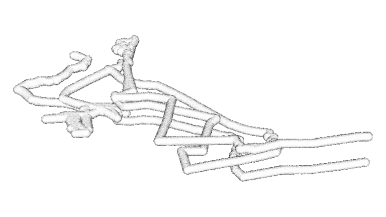 A fine grey line drawing on a white ground, reminiscent of a scaffold lying on its side