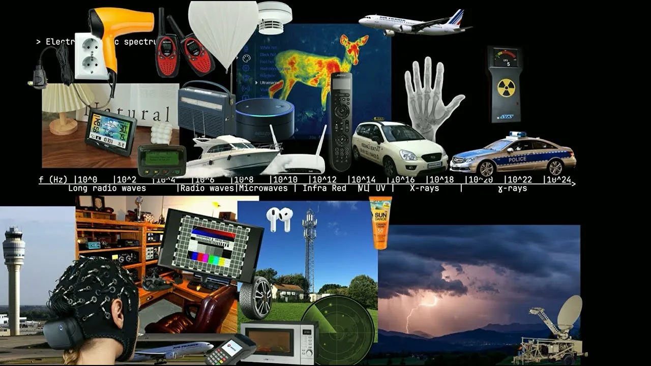 Lecture slide, a collage of devices, vehicles and weather images above a scale of the electromagnetic spectrum from 10^0 to 10^24 hertz