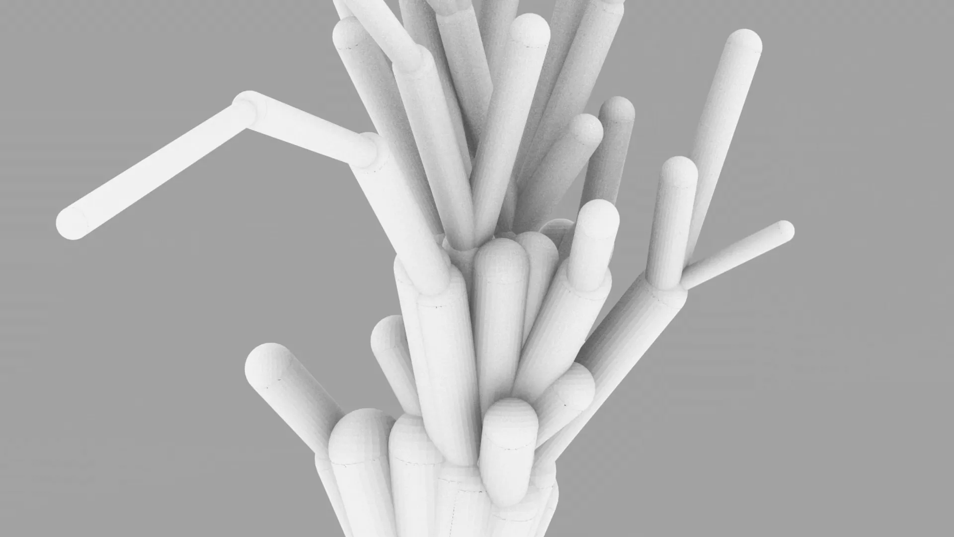 A white, rendered robotic hand against a grey background forms a victory sign
