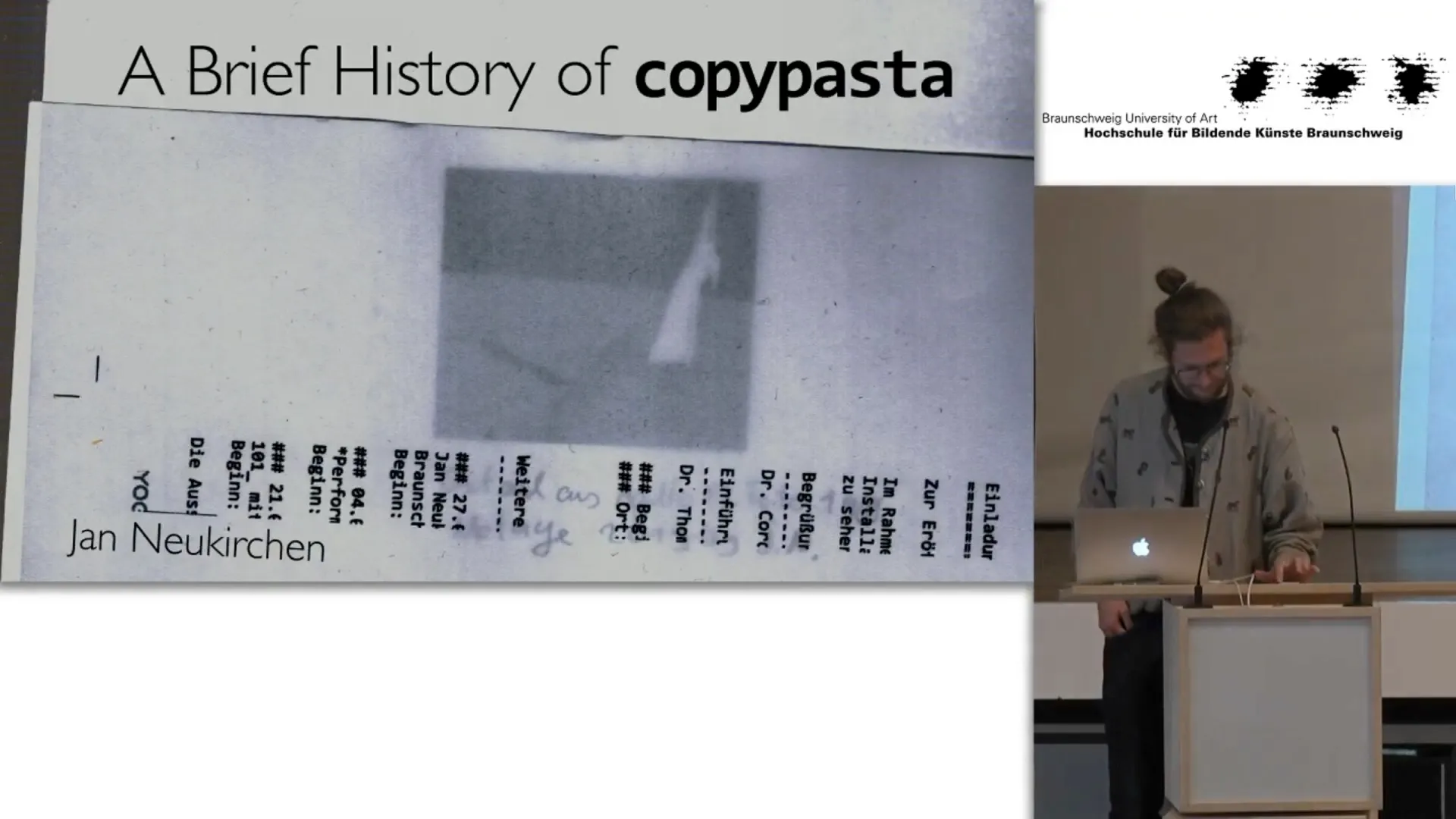 Screen recording of a lecture, on the left a slide with a photographed invitation card, on the right a person at a lectern in front of the Braunschweig University of Art logo