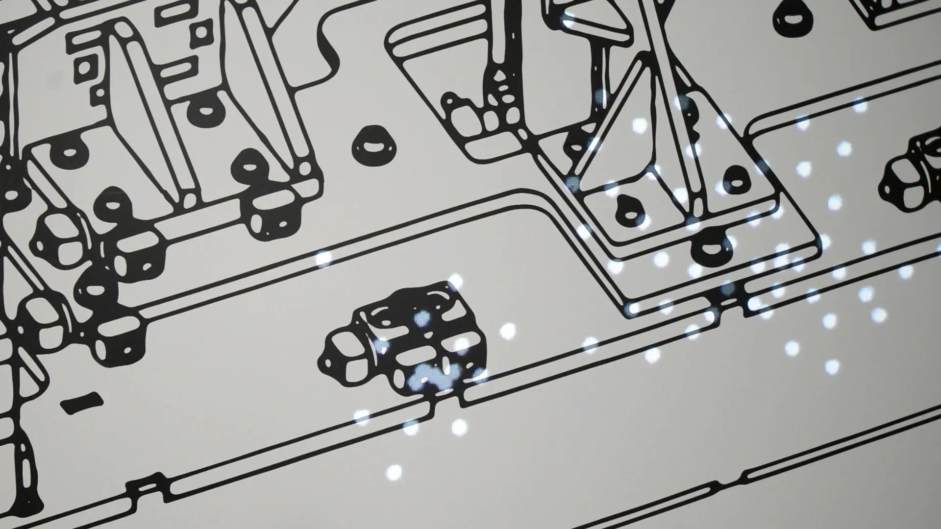 Graphic black lines and shapes on a light background, with small white points of light in between