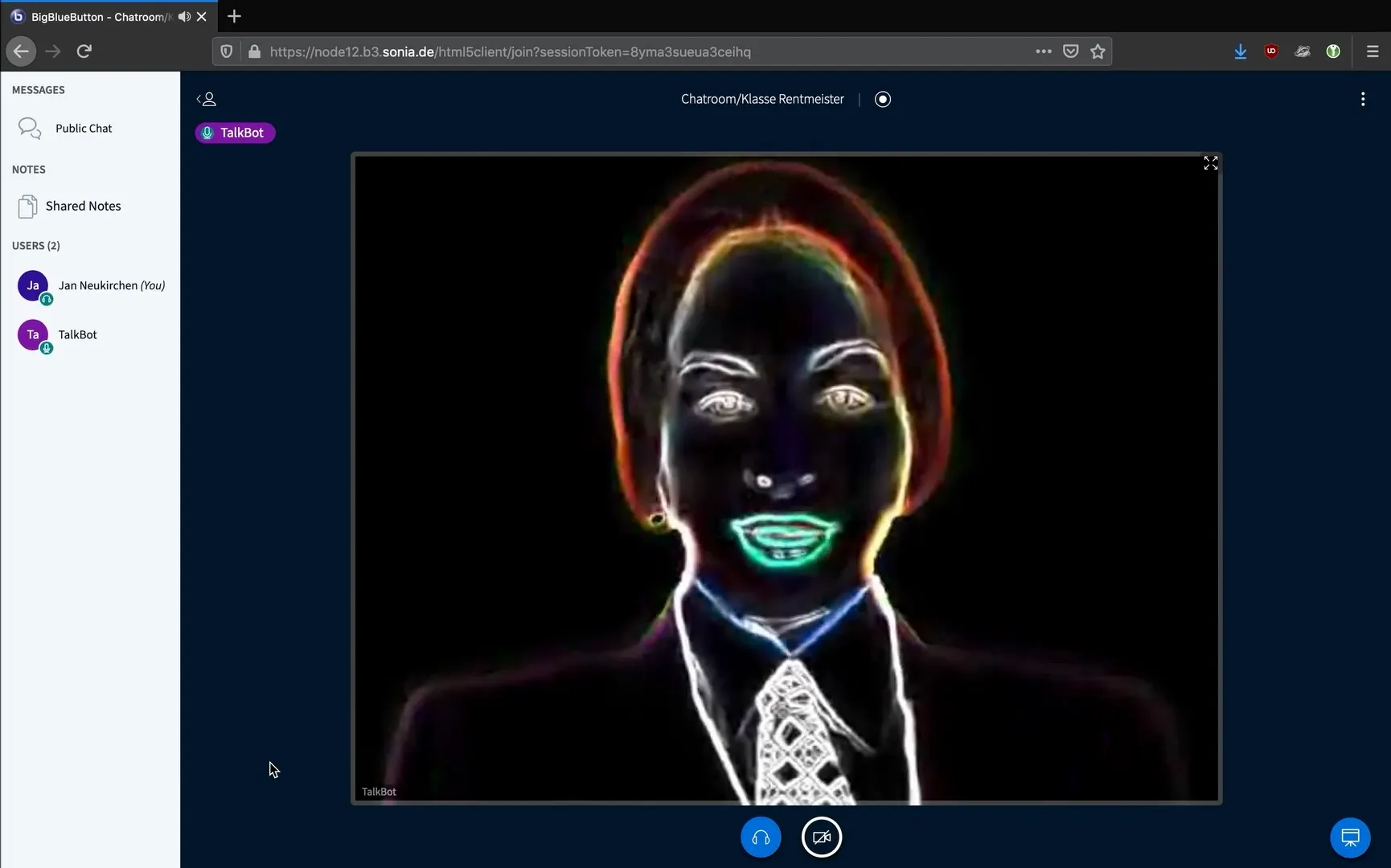 Screen recording of a video conference, in which a bot appears as a colourfully outlined face on a black background